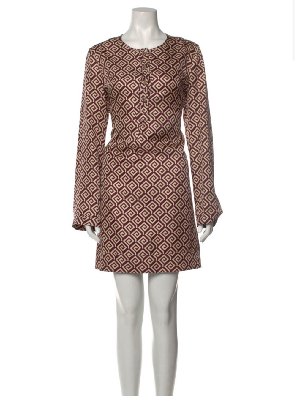 Tory Burch Burgundy and Cream Geometric Long-Sleeve Shift Dress